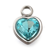 304 Stainless Steel with Rhinestone Pendants, Heart, Aquamarine, 9.5x6.5x4.5mm, Hole: 1.6mm(STAS-Q346-01P-03)