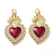 Rack Plating Brass Micro Pave Clear Grade AAA Cubic Zirconia Pendants, with Enamel and Jump Ring, Long-Lasting Plated, Cadmium Free & Lead Free, Sacred Heart, Real 18K Gold Plated, 25x16x3mm, Hole: 3mm(KK-M280-10A-G)