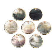 Natural Black Lip Shell Pendants, with Light Gold Plated Brass Edge, Flat Round, 30x2~3.5mm, Hole: 1.4mm(SSHEL-N034-127A-01LG)