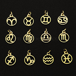 201 Stainless Steel Charms, Laser Cut, with Jump Rings, Ring with 12 Constellations, Golden, 13x10.5x1mm, Hole: 3mm, 12pcs/set(STAS-Q237-M003-8)