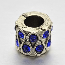 Column Alloy Rhinestone  European Beads, Large Hole Beads, Antique Silver, Sapphire, 10x8mm, Hole: 5mm(MPDL-N036-15F)