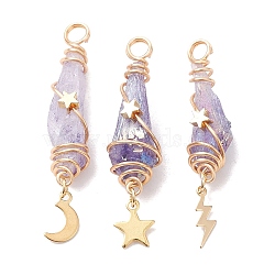 3Pcs 3 Styles Electroplated Natural Quartz Crystal Copper Wire Wrapped Pendants, TearDrop Charms with Golden Tone Alloy Moon & Star & Sun & Lightning Bolt, Lilac, 44.5~48.5x8~10.5x6.5~13mm, Hole: 4mm, about 1pc/style(PALLOY-JF02586-01)