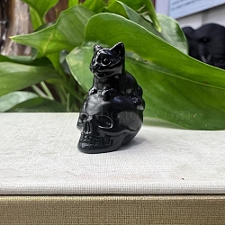 Natural Obsidian Carved Skull with Cat Figurines, for Home Office Desktop Feng Shui Ornament, 30~40mm(PW-WG21880-04)