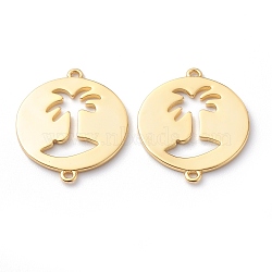 Brass Links, Long-Lasting Plated, Flat Round with Palm Tree, Real 18K Gold Plated, 21.5x18x1mm, Hole: 1mm(KK-Z010-23G)