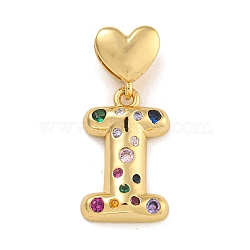 Brass Micro Pave Colorful Cubic Zirconia Pendants, Heart Letter Charms, Real 18K Gold Plated, Letter I, 30.5mm, Hole: 6x3mm, pendant: 21.5x13x4mm(KK-P281-01G-I)