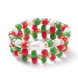 2Pcs 2 Style Shell Pearl & Glass Seed & Brass Braided Rings, Christmas Embroidered Beaded Rings for Women, Colorful, US Size 7 1/4(17.5mm), 1Pc/style(RJEW-TA00030)