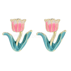 Pink Tulip Enamel Stud Earrings, Earrings Front and Back, Golden, 20x16.5mm(EJEW-M005-03)