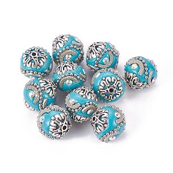 Handmade Indonesia Beads, with Rhinestone and Brass Findings, Round, Antique Silver, Dark Turquoise, 15~17x15~15.5mm, Hole: 1.5mm(IPDL-F026-06)