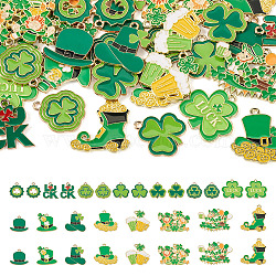 30Pcs 15 Styles Saint Patrick's Day Alloy Enamel Pendants, Light Gold, Hat/Beer Cup/Clover/Human/Shoes Charm, Green, 22~28x19~35x1~1.5mm, Hole: 1.6~2mm, 2pcs/style(ENAM-TA0001-96)
