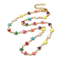304 Stainless Steel Necklace, Enamel Star & Heart Link Chain Necklaces, Golden, 15.28 inch(38.8cm)(NJEW-B077-08G)
