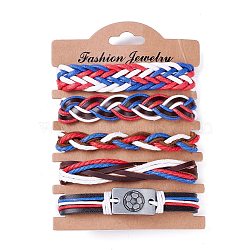 Leather Cord Bracelets Set for Men Women, Football Rectangle Link Braided Bracelets, Adjustable Sport Wristbands, Red, Inner Diameter: 2~3-1/4 inch(5.1~8.1cm), 5pcs/set (BJEW-C005-02B)