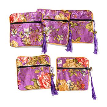 Chinese Style Floral Cloth Jewelry Storage Zipper Pouches, Square Jewelry Gift Case with Tassel, for Bracelets, Earrings, Rings, Random Pattern, Old Rose, 115x115x7mm