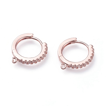 Brass Micro Pave Cubic Zirconia Huggie Hoop Earring Findings, with Horizontal Loops, Ring, Clear, Rose Gold, 15.5x14.5x2mm, Hole: 1mm, pin: 0.9mm