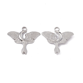 304 Stainless Steel Pendants, Butterfly with Moon Charm, Stainless Steel Color, 24x25x2mm, Hole: 3mm