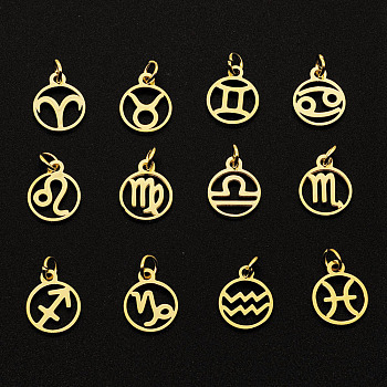 201 Stainless Steel Charms, Laser Cut, with Jump Rings, Ring with 12 Constellations, Golden, 13x10.5x1mm, Hole: 3mm, 12pcs/set