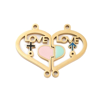 Valentine's Day Ion Plating(IP) 304 Stainless Steel Enamel Girll Boy Connector Charms, Love Heart Links Set, Golden, 23x28x1mm, Hole: 1.5mm, Left: 23x15x1mm, Right: 22.5x14x1mm, 2pcs/set