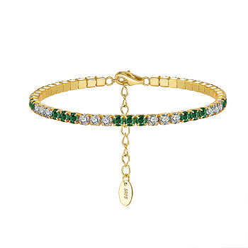Real 14K Gold Plated 925 Sterling Silver Link Chain Bracelet, Cubic Zirconia Tennis Bracelets, with S925 Stamp, Green, 6-5/8 inch(16.8cm)