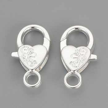 Alloy Lobster Claw Clasps, Heart, Silver Color Plated, 26.5x15x6.5mm, Hole: 4mm