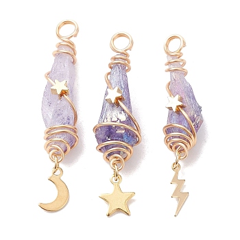 3Pcs 3 Styles Electroplated Natural Quartz Crystal Copper Wire Wrapped Pendants, TearDrop Charms with Golden Tone Alloy Moon & Star & Sun & Lightning Bolt, Lilac, 44.5~48.5x8~10.5x6.5~13mm, Hole: 4mm, about 1pc/style