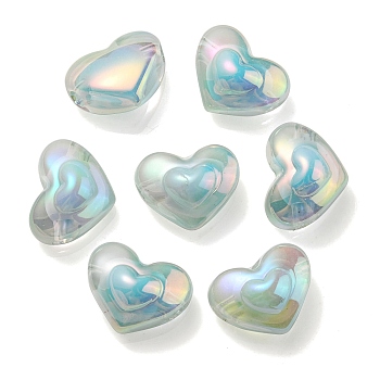UV Plating Rainbow Iridescent Transparent Acrylic Beads, Two Tone, Heart, Aquamarine, 13x16.5x9mm, Hole: 3mm