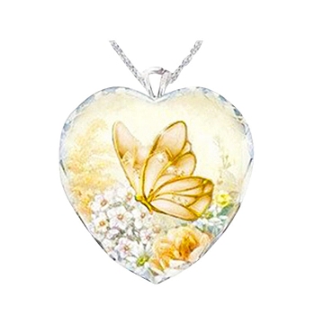 Heart Glass Pendant Necklaces, with Platinum Alloy Chains, Gold, Pendant: 23x25mm