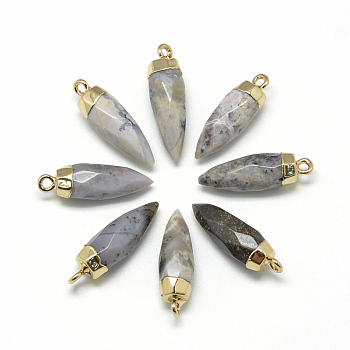 Natural Flower Agate Pointed Pendants, with Brass Findings, Faceted, Dyed, Bullet, Golden, 25~27x8mm, Hole: 2mm