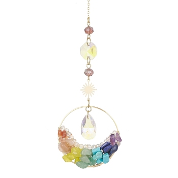 Chakra Gemstone Chips Pendant Decoration, Hanging Suncatchers, with Brass Sun Link and Glass Teardrop Charm, for Home Decoration, 250mm