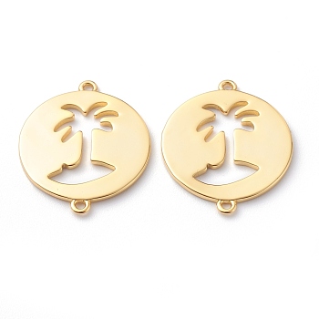 Brass Links, Long-Lasting Plated, Flat Round with Palm Tree, Real 18K Gold Plated, 21.5x18x1mm, Hole: 1mm