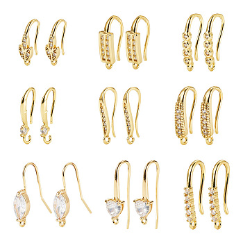18Pcs 9 Style Brass with Cubic Zirconia Earring Hooks, Ear Wire with Loops, Real 18K Gold Plated, 16~23x2~17x2.5mm, Hole: 1~2mm, Pin: 0.6~1mm, 2Pcs/style