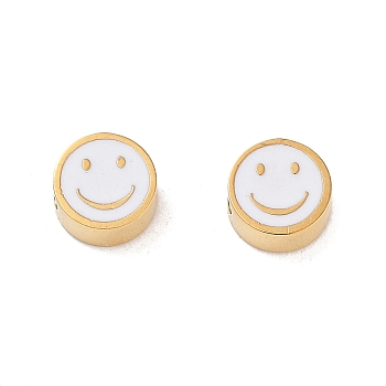 Ion Plating(IP) 304 Stainless Steel Enamel Beads, Flat Round with Smiling Face, Golden, White, 5x2.5mm, Hole: 1.2mm