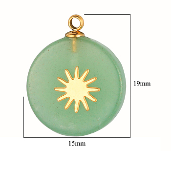 Natural Green Aventurine Pendants, Flat Round Charms, with Golden Tone Stainless Steel Sun Slice, 18~19x15x3.7~4.1mm