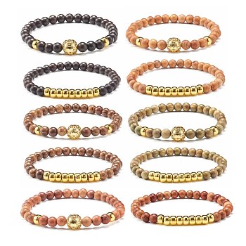 Wooden Beads Stretch Bracelets Set, with Synthetic Hematite Beads and Brass Beads, Mixed Color, Inner Diameter: 2-1/4 inch(5.7cm), 2pcs/set
