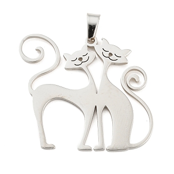 304 Stainless Steel Pendants, Laser Cut, Cat Charm, Stainless Steel Color, 27x30x1mm, Hole: 3x5mm