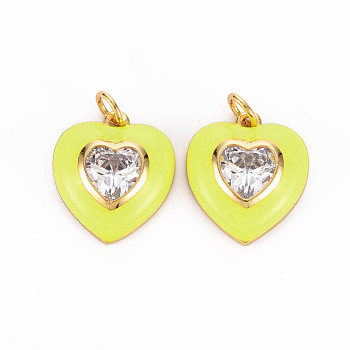 Brass Enamel Pendants, with Clear Cubic Zirconia and Jump Ring, Nickel Free, Real 16K Gold Plated, Heart, Champagne Yellow, 17.5x15.5x4.5mm, Hole: 3.5mm
