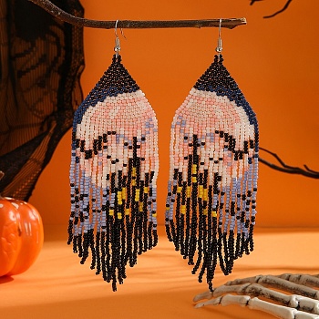 Colorful Glass Bead Earrings with Halloween Style Moonlight Castle Pattern, Platinum & Silver, 135x45mm