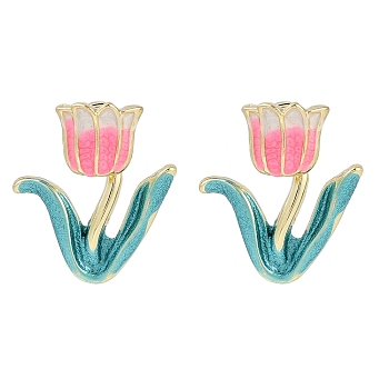 Pink Tulip Enamel Stud Earrings, Earrings Front and Back, Golden, 20x16.5mm