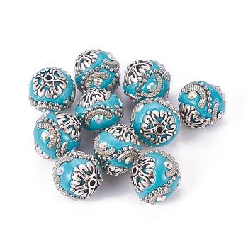Handmade Indonesia Beads, with Rhinestone and Brass Findings, Round, Antique Silver, Dark Turquoise, 15~17x15~15.5mm, Hole: 1.5mm