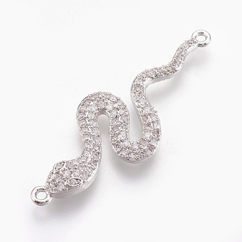 Brass Micro Pave Cubic Zirconia Links, Long-Lasting Plated, Snake, Lead Free & Nickel Free & Cadmium Free, Clear, Real Platinum Plated, 39x13.5x3mm, Hole: 1.2mm
