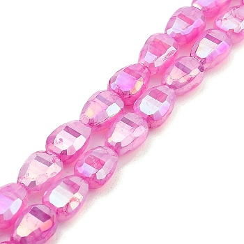 Imitation Jade Glass Beads Strands, AB Color Plated, Faceted, Teardrop, Hot Pink, 9x6x4.5mm, Hole: 2.2mm, about 58pcs/strand, 20.67''(52.5cm)
