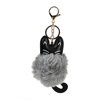 Cute Cat PU Leather & Imitate Rex Rabbit Fur Ball Keychain, with Alloy Clasp, for Bag Car Key Decoration, Gray, 18cm