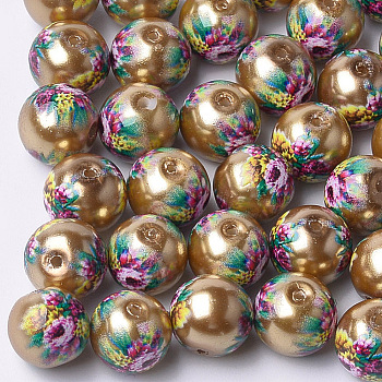 Printed & Spray Painted Imitation Pearl Glass Beads, Round with Flower Pattern, Dark Goldenrod, 8~8.5x7.5mm, Hole: 1.4mm