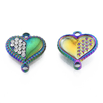 304 Stainless Steel Connector Charms, with Crystal Rhinestone, Heart, Rainbow Color, 14x13x3mm, Hole: 1.2mm & 1.6mm