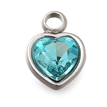 304 Stainless Steel with Rhinestone Pendants, Heart, Aquamarine, 9.5x6.5x4.5mm, Hole: 1.6mm