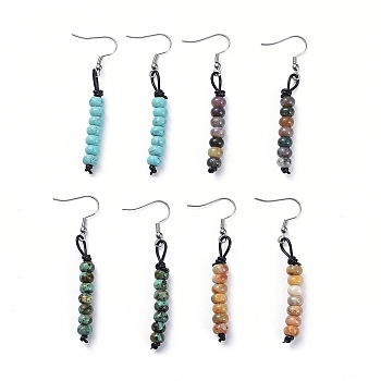 Dangle Earrings, with Rondelle Natural & Synthetic Gemstone Beads and Stainless 316L Surgical Stainless Steel Earring Hooks and Cowhide Cord, Stainless Steel Color, 60mm