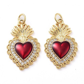 Rack Plating Brass Micro Pave Clear Grade AAA Cubic Zirconia Pendants, with Enamel and Jump Ring, Long-Lasting Plated, Cadmium Free & Lead Free, Sacred Heart, Real 18K Gold Plated, 25x16x3mm, Hole: 3mm