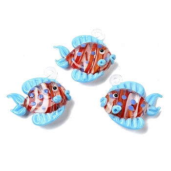 Handmade Lampwork Pendants, Tropical Fish Charms, Sky Blue, 33~38x32~38x10~12mm, Hole: 2~4mm