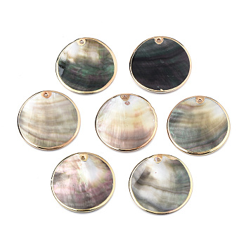 Natural Black Lip Shell Pendants, with Light Gold Plated Brass Edge, Flat Round, 30x2~3.5mm, Hole: 1.4mm