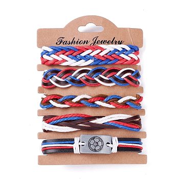 Leather Cord Bracelets Set for Men Women, Football Rectangle Link Braided Bracelets, Adjustable Sport Wristbands, Red, Inner Diameter: 2~3-1/4 inch(5.1~8.1cm), 5pcs/set 