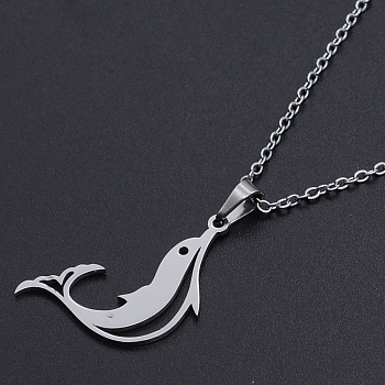 201 Stainless Steel Dolphin Pendants Necklaces, with Cable Chains and Lobster Claw Clasps, Stainless Steel Color, 17.71 inch(45cm), 1.5mm