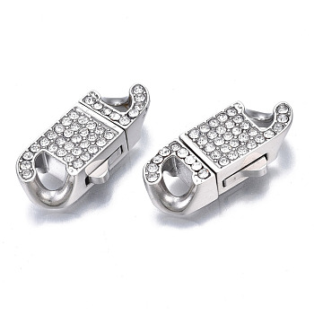 304 Stainless Steel Box Clasps, with Crystal Rhinestone, Oval, Stainless Steel Color, 23.5x12.5x5mm, Hole: 3x5mm